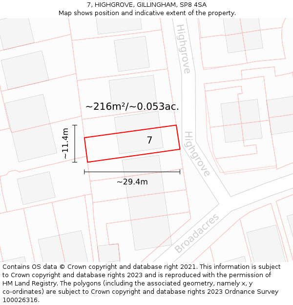 7, HIGHGROVE, GILLINGHAM, SP8 4SA: Plot and title map