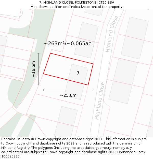 7, HIGHLAND CLOSE, FOLKESTONE, CT20 3SA: Plot and title map