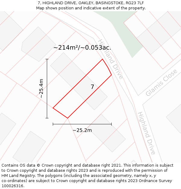 7, HIGHLAND DRIVE, OAKLEY, BASINGSTOKE, RG23 7LF: Plot and title map