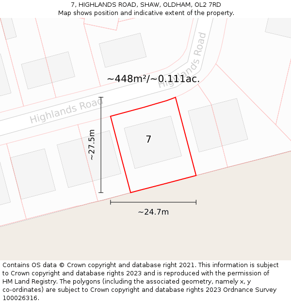 7, HIGHLANDS ROAD, SHAW, OLDHAM, OL2 7RD: Plot and title map