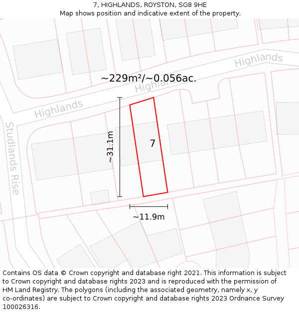 7, HIGHLANDS, ROYSTON, SG8 9HE: Plot and title map