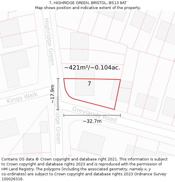 7, HIGHRIDGE GREEN, BRISTOL, BS13 8AT: Plot and title map