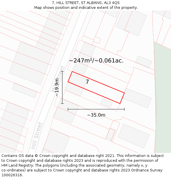 7, HILL STREET, ST ALBANS, AL3 4QS: Plot and title map