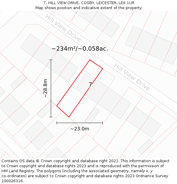 7, HILL VIEW DRIVE, COSBY, LEICESTER, LE9 1UR: Plot and title map