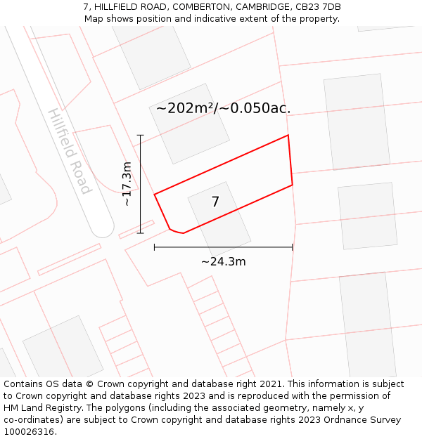 7, HILLFIELD ROAD, COMBERTON, CAMBRIDGE, CB23 7DB: Plot and title map