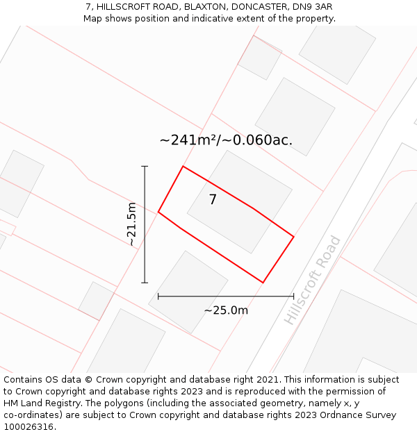 7, HILLSCROFT ROAD, BLAXTON, DONCASTER, DN9 3AR: Plot and title map