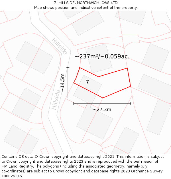 7, HILLSIDE, NORTHWICH, CW8 4TD: Plot and title map