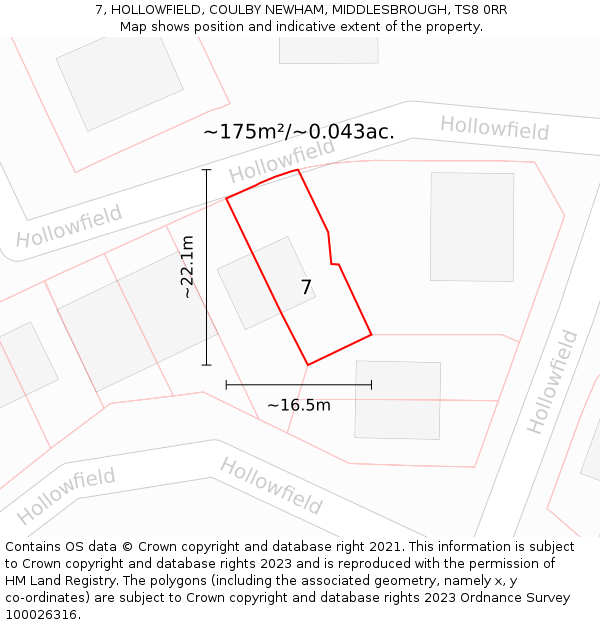 7, HOLLOWFIELD, COULBY NEWHAM, MIDDLESBROUGH, TS8 0RR: Plot and title map