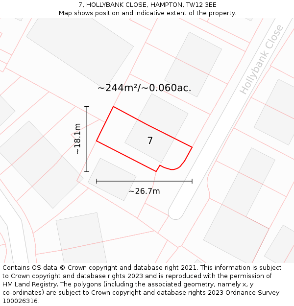 7, HOLLYBANK CLOSE, HAMPTON, TW12 3EE: Plot and title map