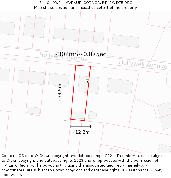 7, HOLLYWELL AVENUE, CODNOR, RIPLEY, DE5 9SG: Plot and title map