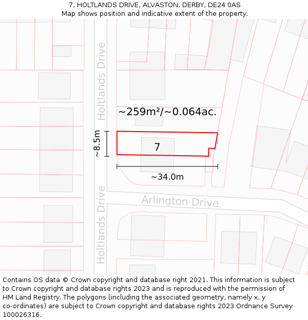 7, HOLTLANDS DRIVE, ALVASTON, DERBY, DE24 0AS: Plot and title map