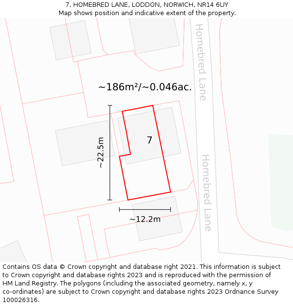 7, HOMEBRED LANE, LODDON, NORWICH, NR14 6UY: Plot and title map