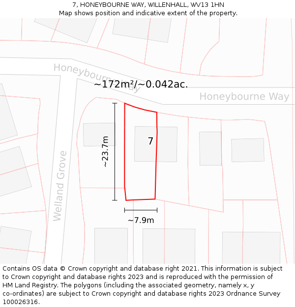7, HONEYBOURNE WAY, WILLENHALL, WV13 1HN: Plot and title map