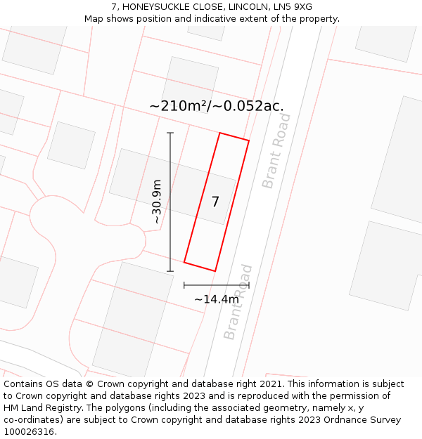 7, HONEYSUCKLE CLOSE, LINCOLN, LN5 9XG: Plot and title map