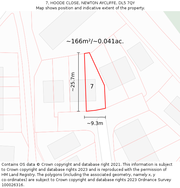 7, HOODE CLOSE, NEWTON AYCLIFFE, DL5 7QY: Plot and title map