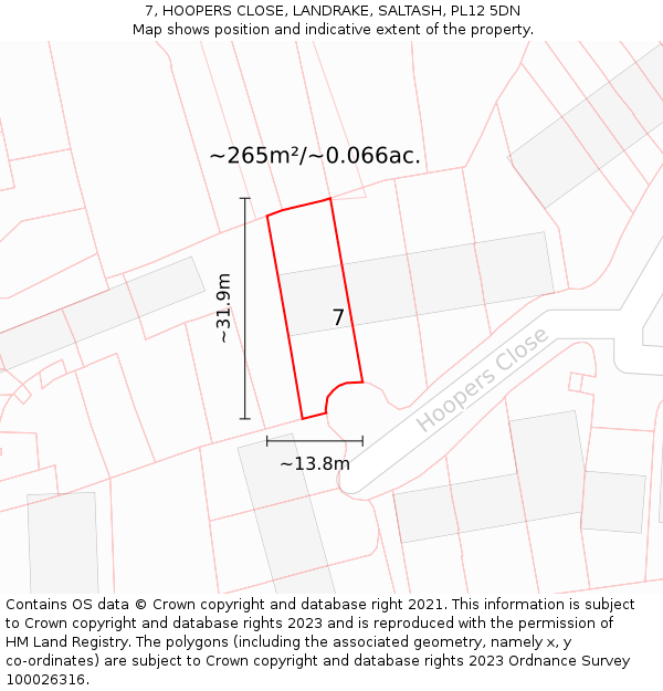 7, HOOPERS CLOSE, LANDRAKE, SALTASH, PL12 5DN: Plot and title map