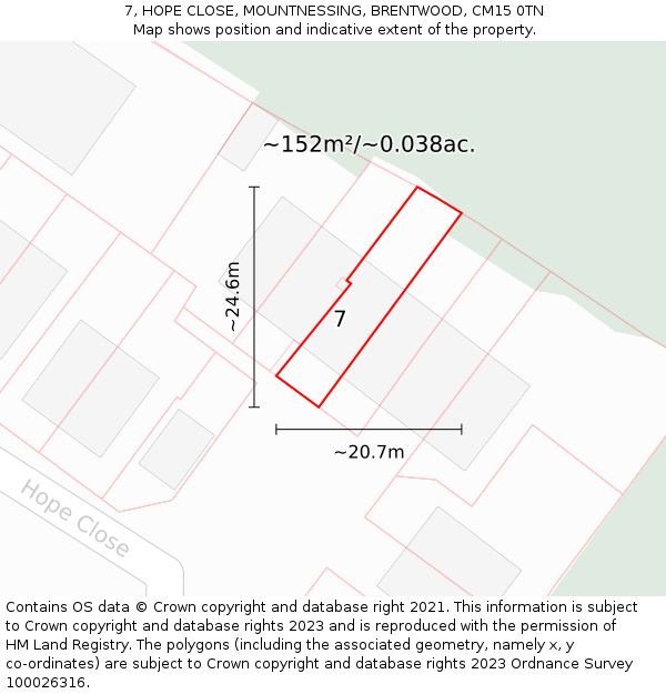 7, HOPE CLOSE, MOUNTNESSING, BRENTWOOD, CM15 0TN: Plot and title map