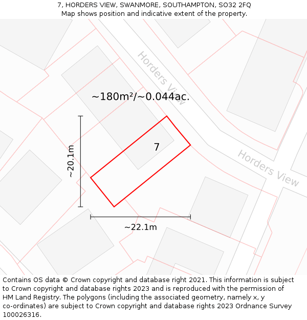 7, HORDERS VIEW, SWANMORE, SOUTHAMPTON, SO32 2FQ: Plot and title map