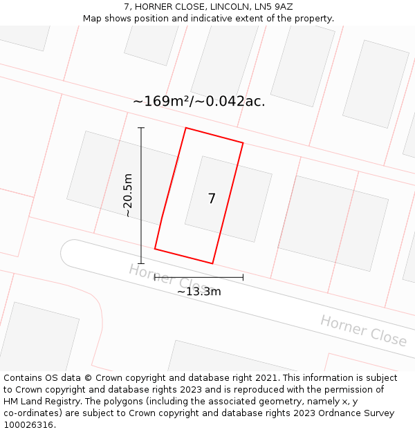 7, HORNER CLOSE, LINCOLN, LN5 9AZ: Plot and title map