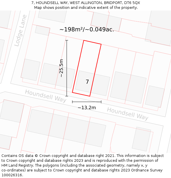 7, HOUNDSELL WAY, WEST ALLINGTON, BRIDPORT, DT6 5QX: Plot and title map