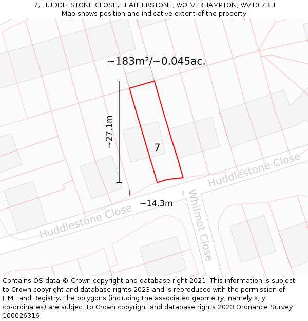7, HUDDLESTONE CLOSE, FEATHERSTONE, WOLVERHAMPTON, WV10 7BH: Plot and title map