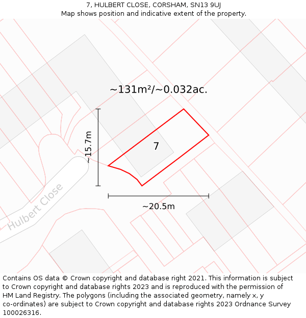 7, HULBERT CLOSE, CORSHAM, SN13 9UJ: Plot and title map