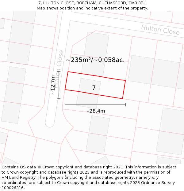 7, HULTON CLOSE, BOREHAM, CHELMSFORD, CM3 3BU: Plot and title map