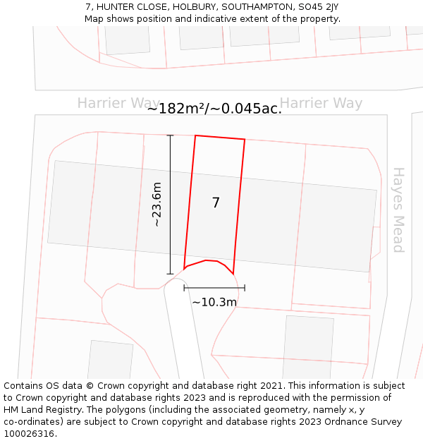 7, HUNTER CLOSE, HOLBURY, SOUTHAMPTON, SO45 2JY: Plot and title map