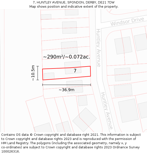 7, HUNTLEY AVENUE, SPONDON, DERBY, DE21 7DW: Plot and title map