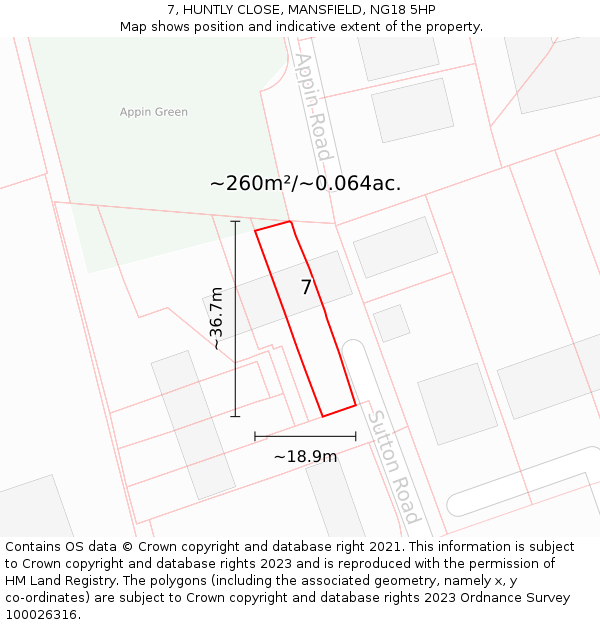 7, HUNTLY CLOSE, MANSFIELD, NG18 5HP: Plot and title map