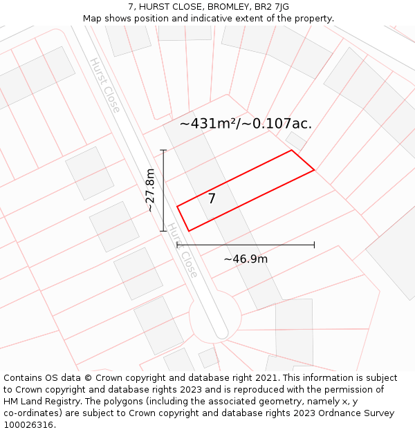 7, HURST CLOSE, BROMLEY, BR2 7JG: Plot and title map