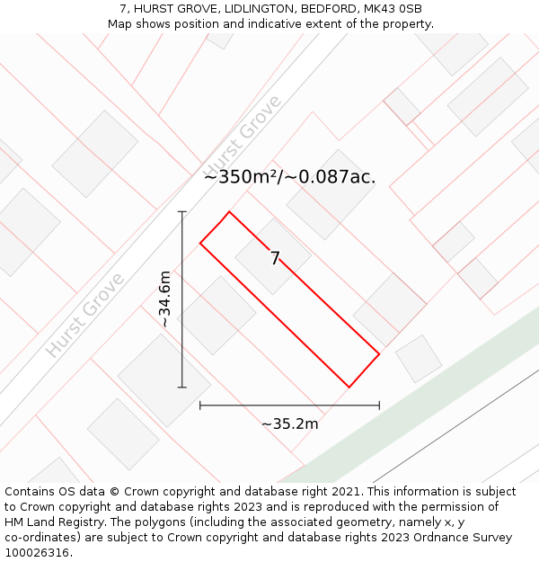 7, HURST GROVE, LIDLINGTON, BEDFORD, MK43 0SB: Plot and title map
