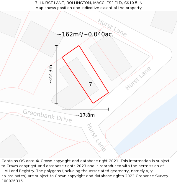 7, HURST LANE, BOLLINGTON, MACCLESFIELD, SK10 5LN: Plot and title map