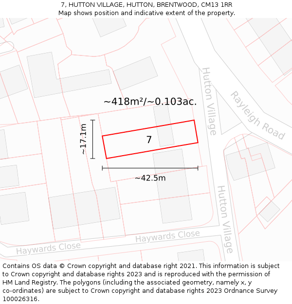 7, HUTTON VILLAGE, HUTTON, BRENTWOOD, CM13 1RR: Plot and title map
