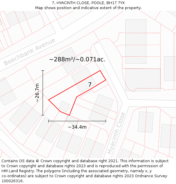 7, HYACINTH CLOSE, POOLE, BH17 7YX: Plot and title map