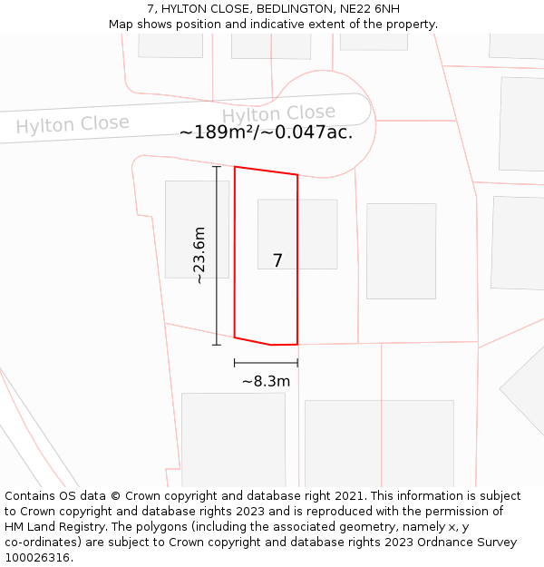 7, HYLTON CLOSE, BEDLINGTON, NE22 6NH: Plot and title map