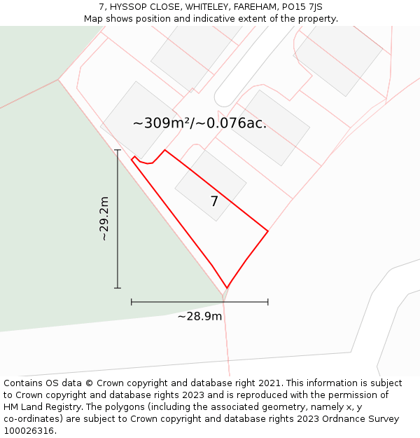 7, HYSSOP CLOSE, WHITELEY, FAREHAM, PO15 7JS: Plot and title map