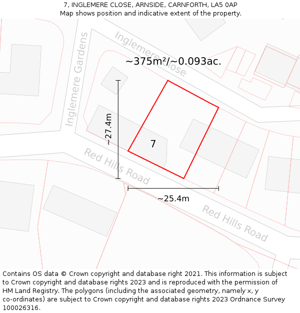 7, INGLEMERE CLOSE, ARNSIDE, CARNFORTH, LA5 0AP: Plot and title map