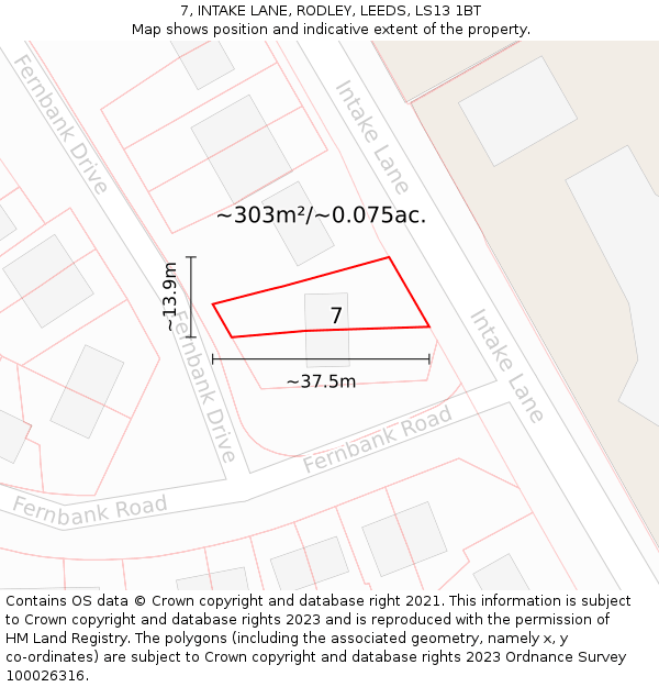 7, INTAKE LANE, RODLEY, LEEDS, LS13 1BT: Plot and title map