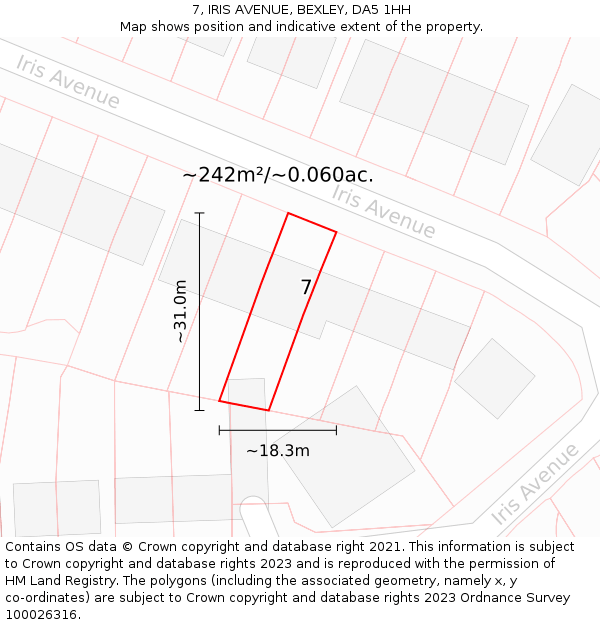7, IRIS AVENUE, BEXLEY, DA5 1HH: Plot and title map