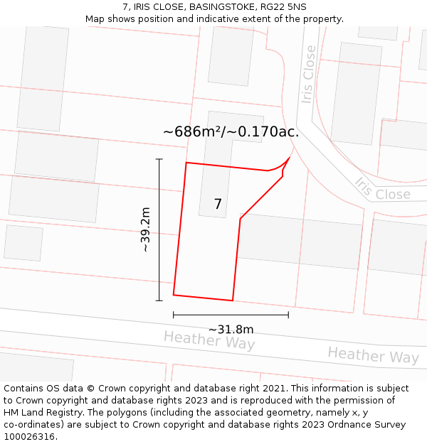 7, IRIS CLOSE, BASINGSTOKE, RG22 5NS: Plot and title map