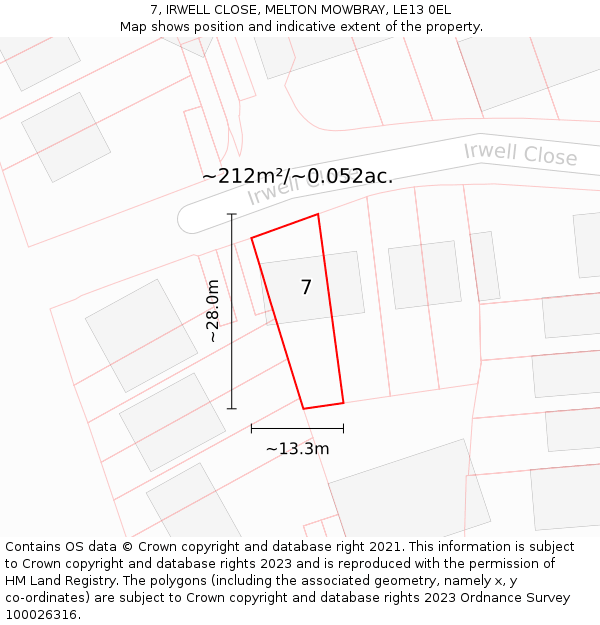 7, IRWELL CLOSE, MELTON MOWBRAY, LE13 0EL: Plot and title map
