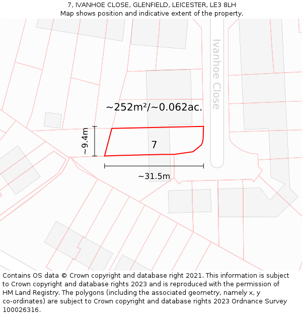 7, IVANHOE CLOSE, GLENFIELD, LEICESTER, LE3 8LH: Plot and title map
