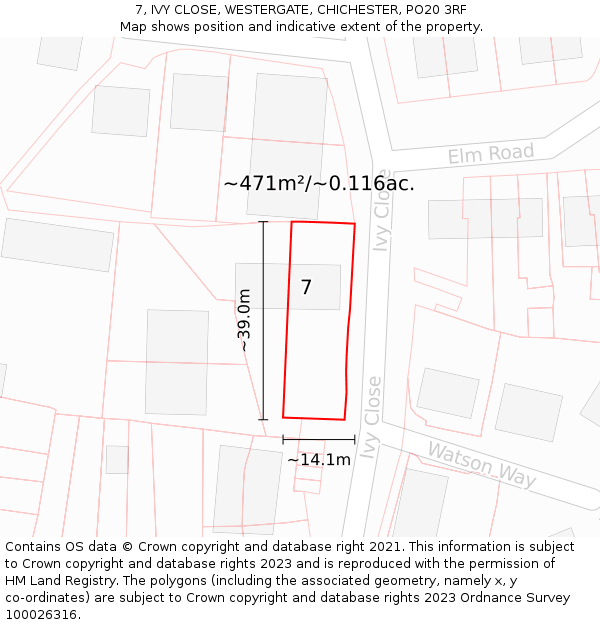 7, IVY CLOSE, WESTERGATE, CHICHESTER, PO20 3RF: Plot and title map