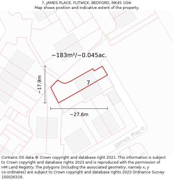 7, JAMES PLACE, FLITWICK, BEDFORD, MK45 1GW: Plot and title map