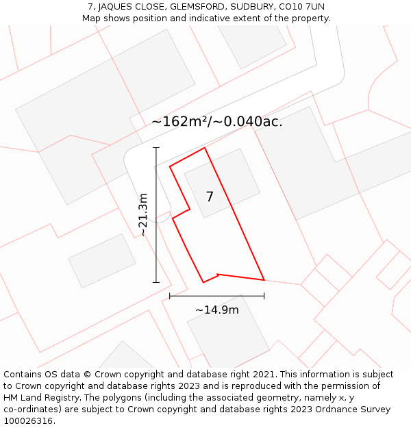 7, JAQUES CLOSE, GLEMSFORD, SUDBURY, CO10 7UN: Plot and title map