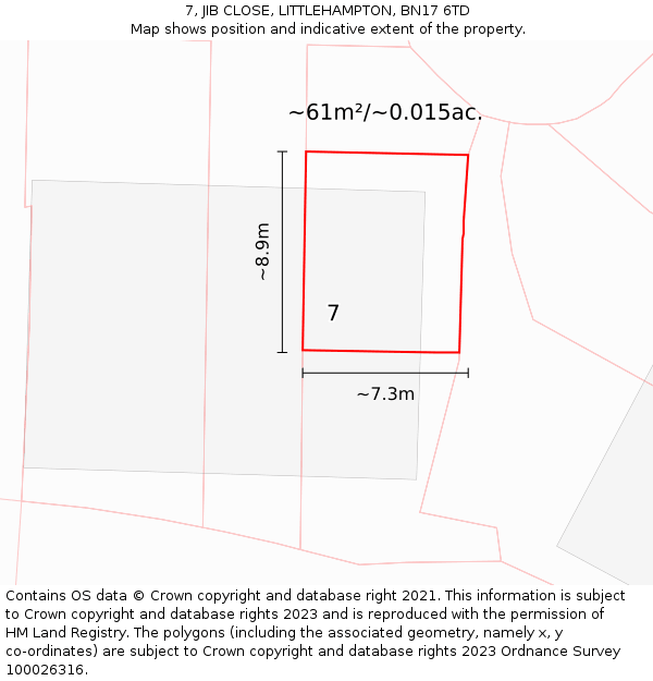 7, JIB CLOSE, LITTLEHAMPTON, BN17 6TD: Plot and title map