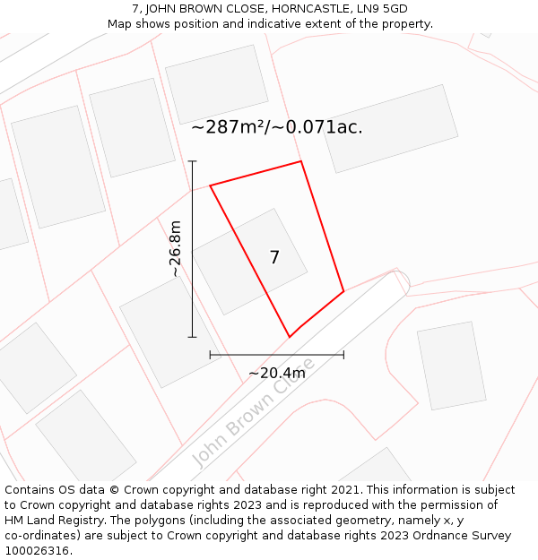 7, JOHN BROWN CLOSE, HORNCASTLE, LN9 5GD: Plot and title map
