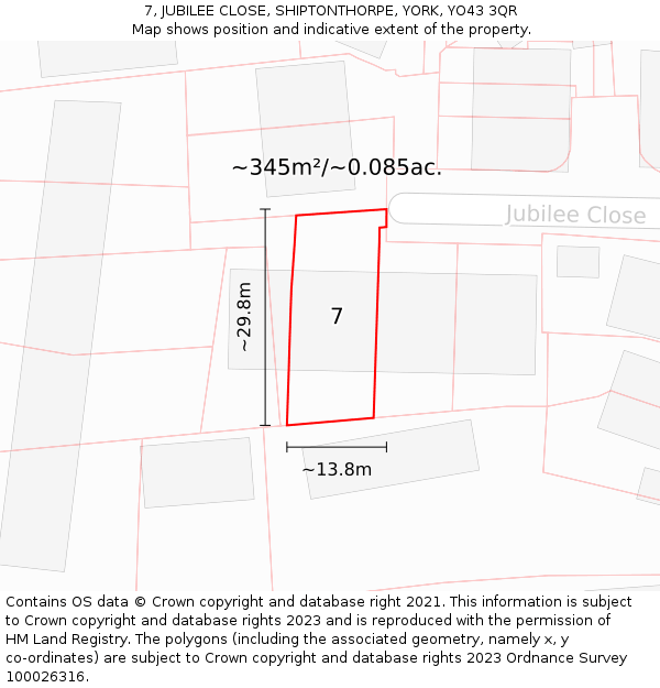 7, JUBILEE CLOSE, SHIPTONTHORPE, YORK, YO43 3QR: Plot and title map