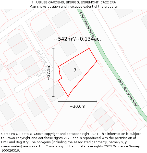 7, JUBILEE GARDENS, BIGRIGG, EGREMONT, CA22 2RA: Plot and title map